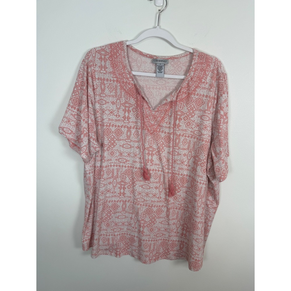 Catherines Womens 1X Coral Pink Tribal Print Tassel V-Neck Short Sleeve Top